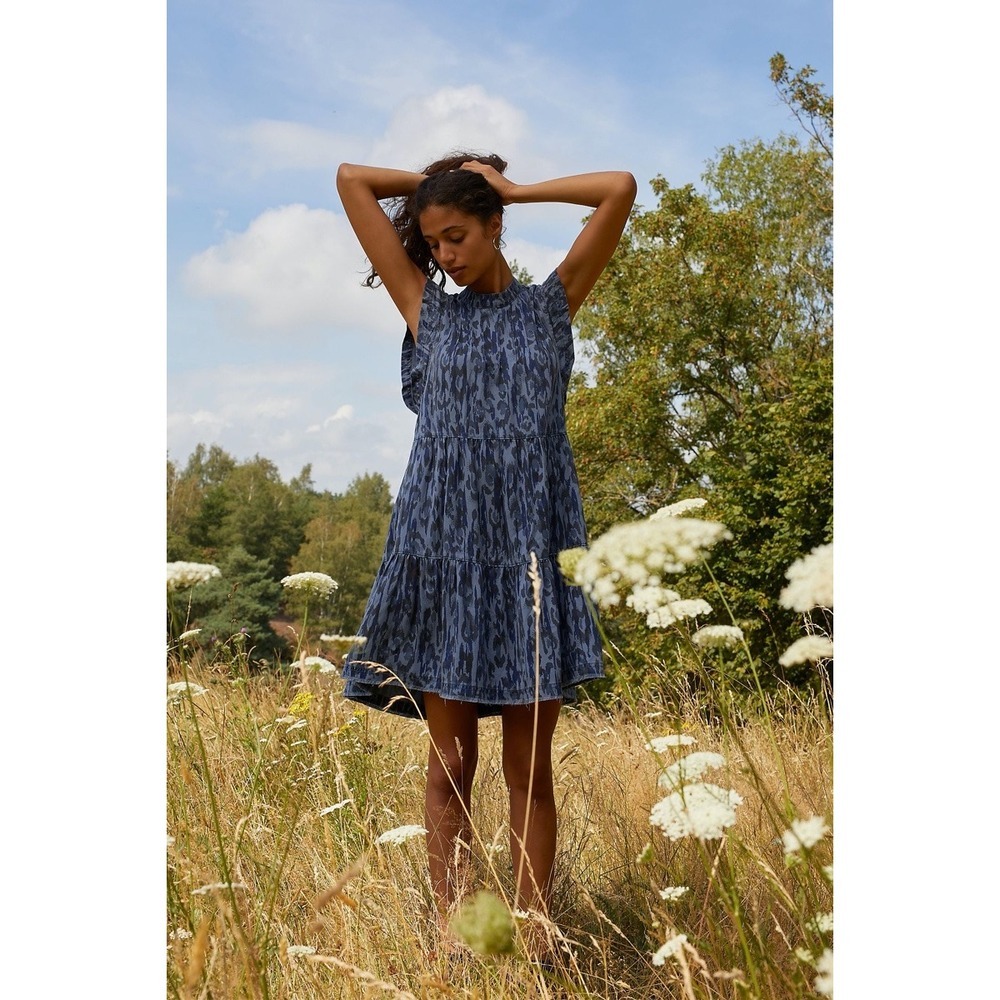 Anthropologie Jenee Blue Animal Print Tiered Babydoll Mini Dress Ruffle Sleeve S
